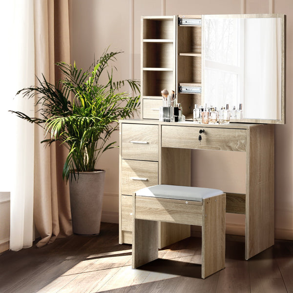 Artiss Dressing Table Stool Set Sliding Mirror Oak