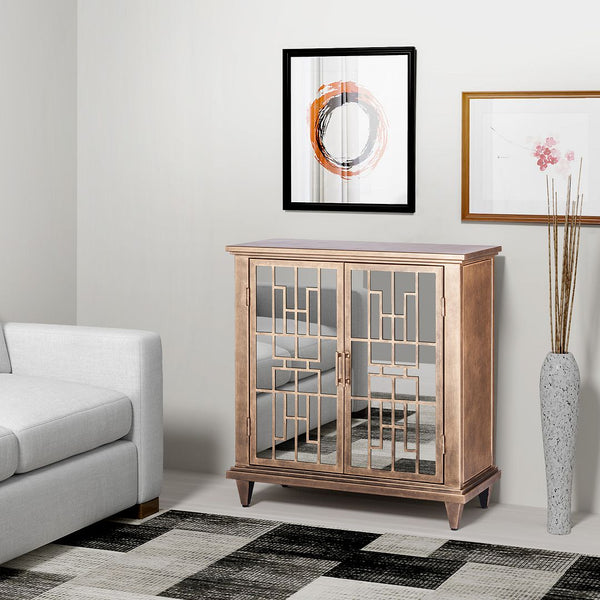 Sideboard Buffet Cabinet Storage with Mirrored Glass Doors in French Brass Finish