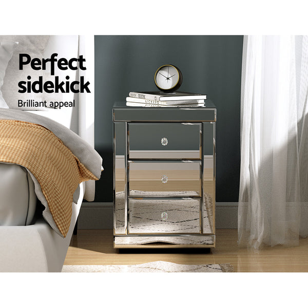 Artiss Nightstand Table 3 Drawers Mirrored