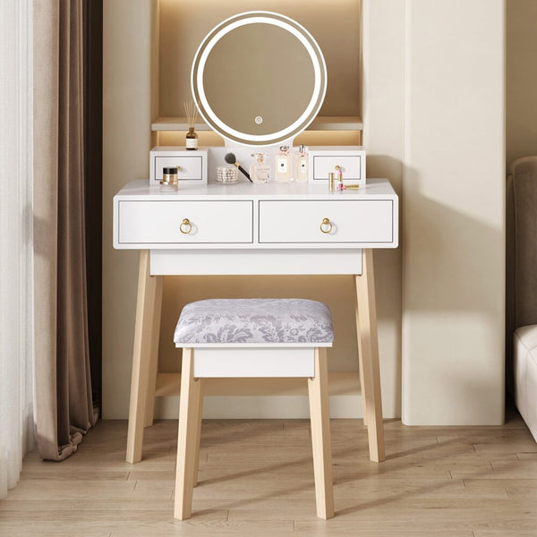 Makeup Vanity Table Stool Set with LED Lighted Mirror-White