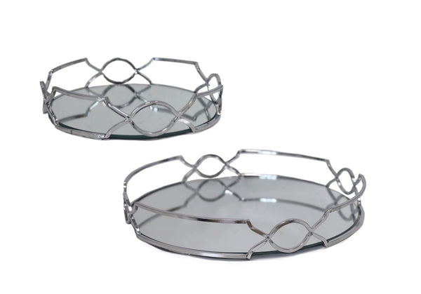 Set 2 Round Silver Mirror Tray 30cm